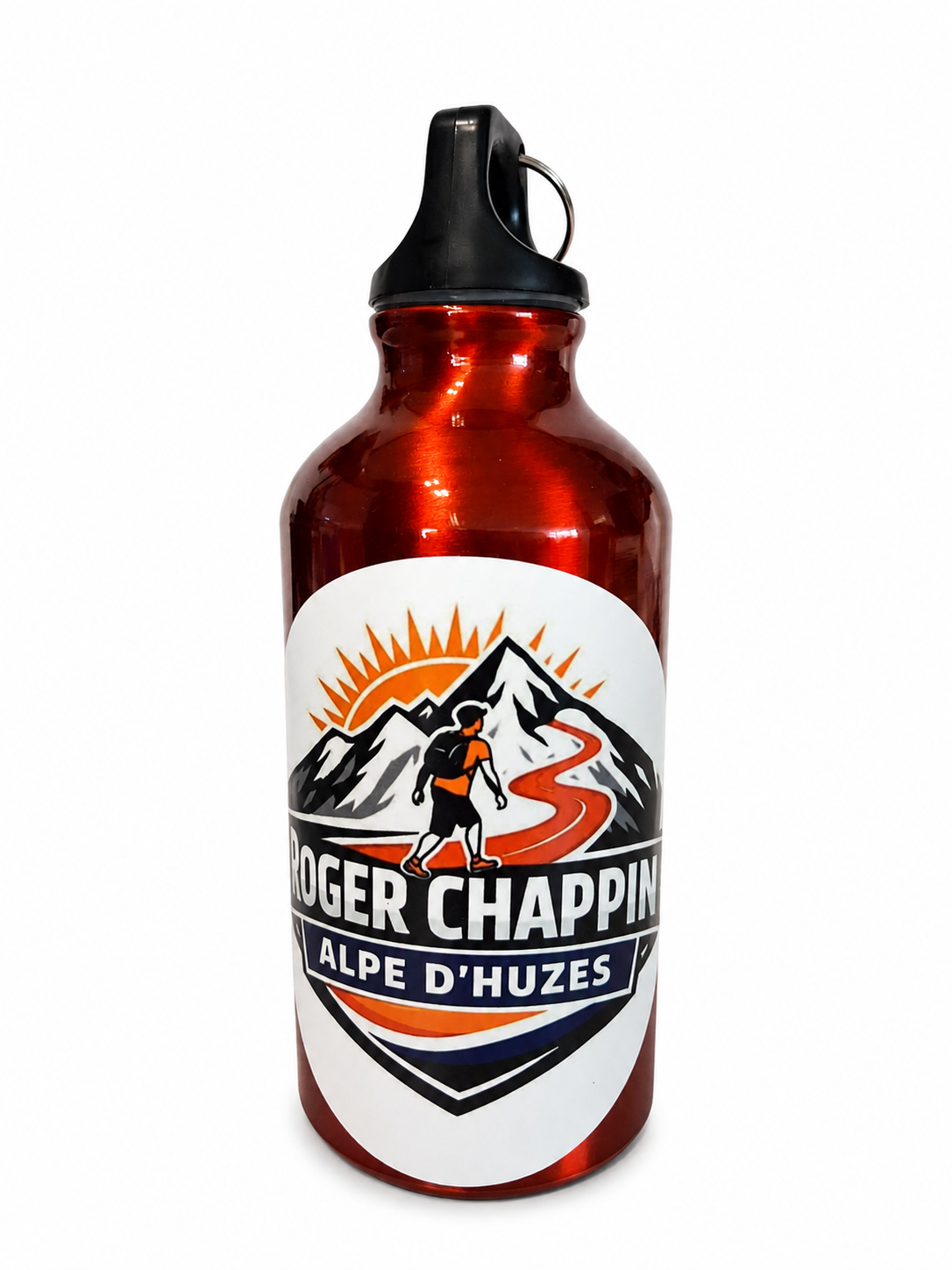 Aluminium bidon met Roger-logo als steunproduct voor Rogers Alpe d'HuZes-campagne.