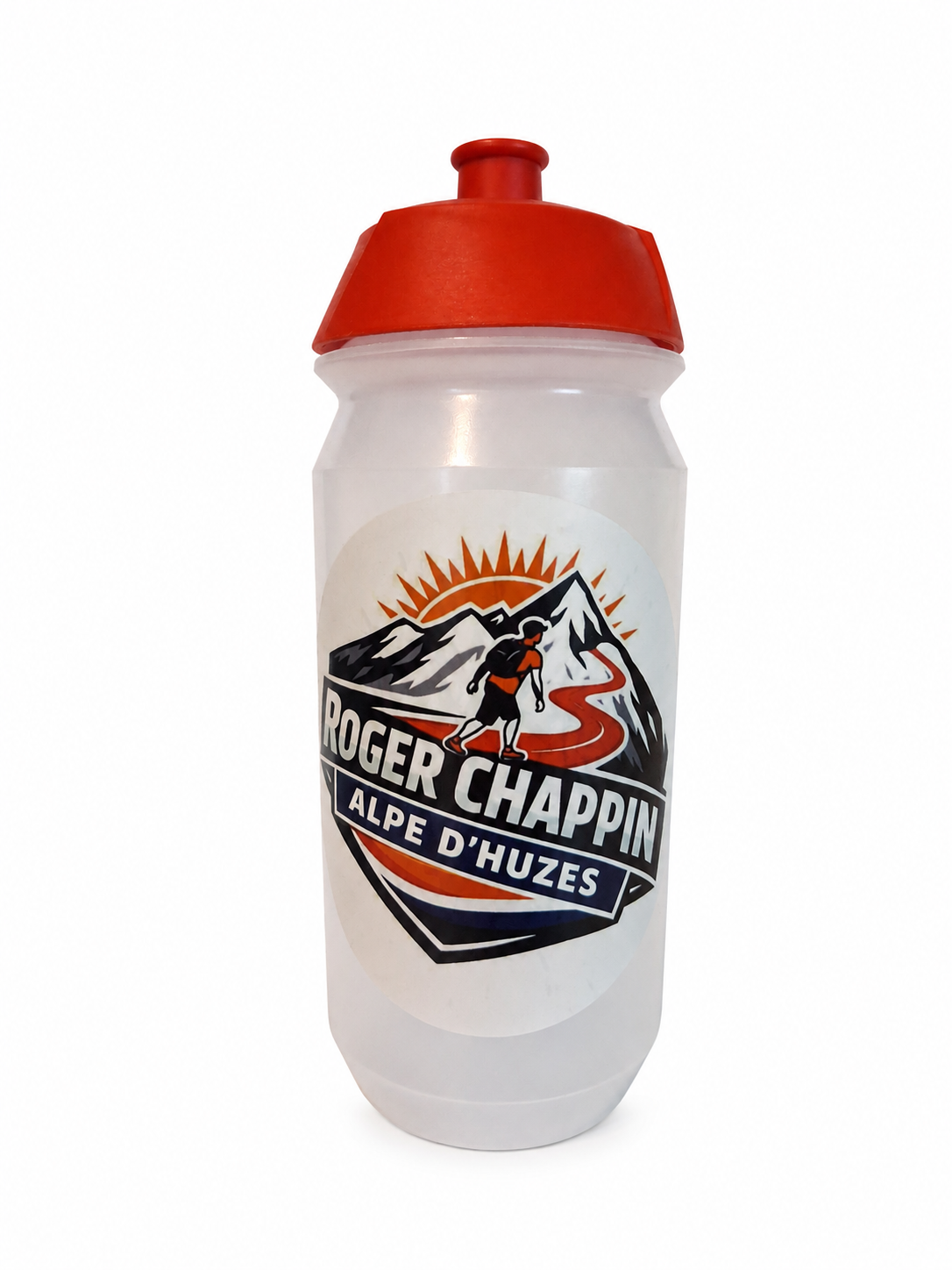 Plastic bidon met Roger-logo als steunproduct voor Rogers Alpe d'HuZes-campagne.