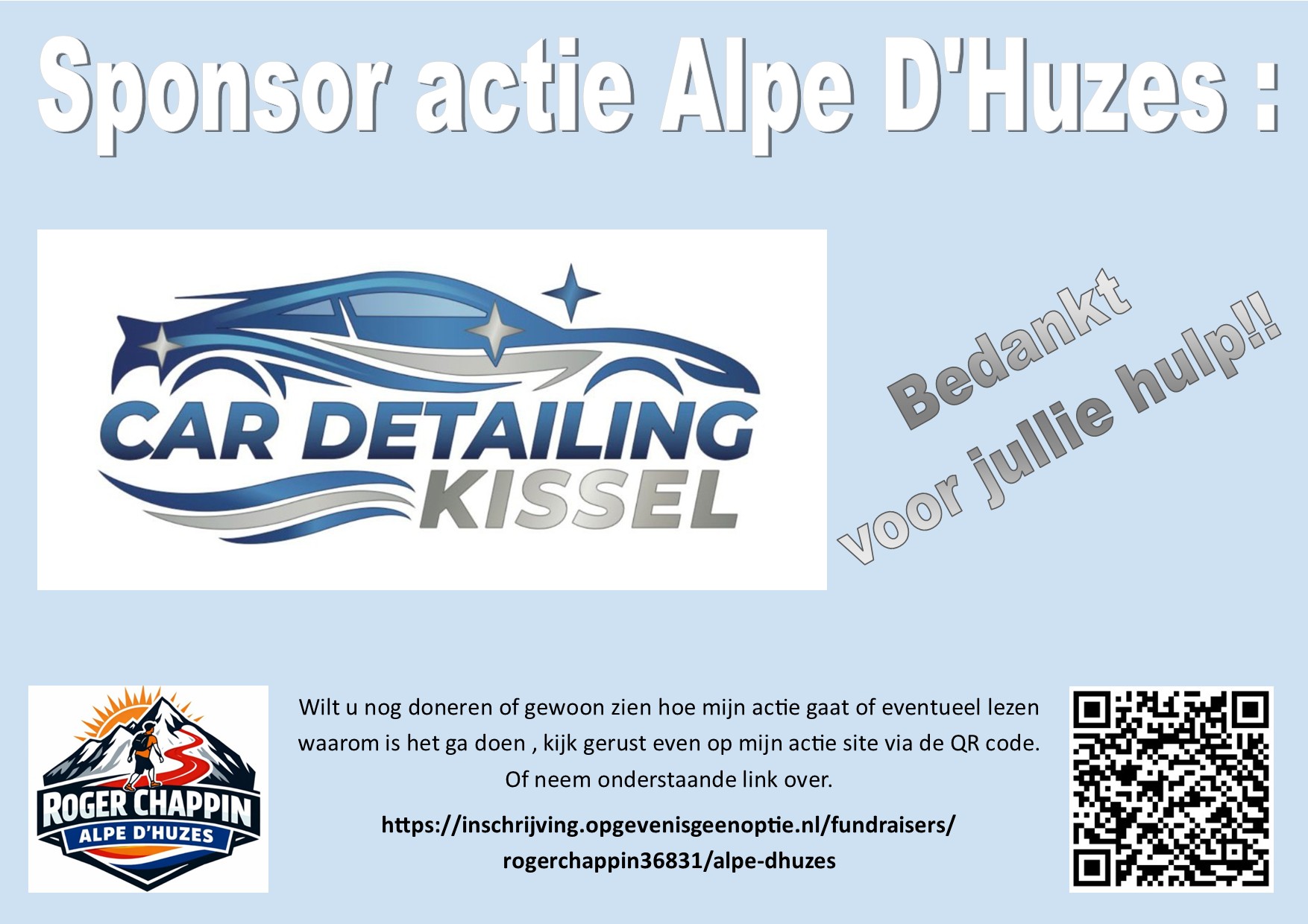 Sponsorvisual van Car Detailing Kissel voor Rogers Alpe d'HuZes-campagne.